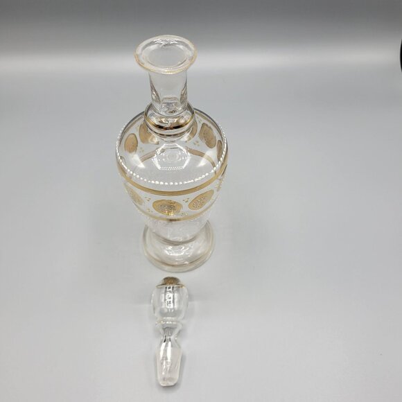 Vintage MCM Clear Decanter White Moriage and Gold Paint Designs - Picture 4 of 10